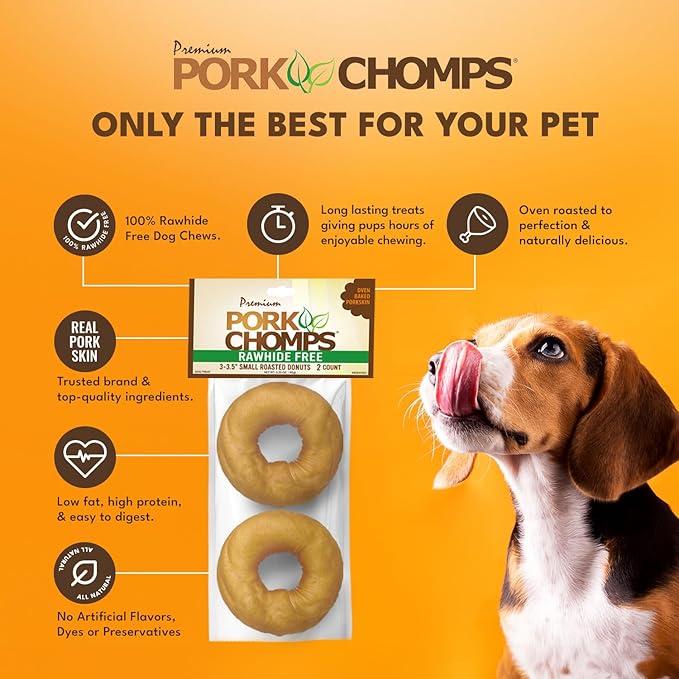 Pork Chomps Roasted Pork Skin Dog Chews, 3-inch Donuts, 2 Count (Pack of 2)-Mewly Pet