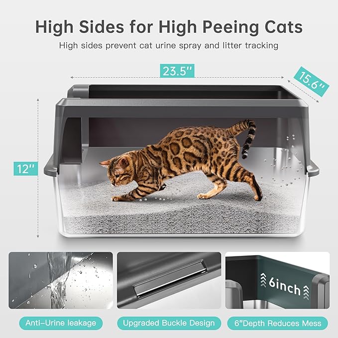 Enclosed Stainless Steel Cat Litter Box with Lid, XL Extra Large Litter Box for Big Cats, Metal Litter Pan High Sided, Never Absorbs Odors, Anti-Urine Leakage, Easy Cleaning, Include Scoop-Mewly Pet