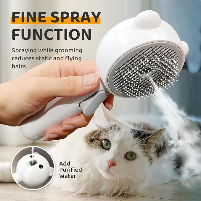 Cat Steam Brush, Self Cleaning Pet Spray Hair Removal Comb with Release Button, 3 In 1 Cat Brush for Indoor Cats for Shedding, Waterproof Pet Grooming Brushes for Long Short Haired Dogs Cats-Mewly Pet