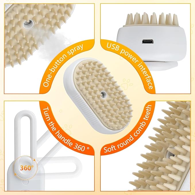 4 in 1 Cat Steam Brush Rechargeable pet spray comb Steam Brush for Cats and Dogs, Massage, Cleaning, Shedding & Combing Multifunctional Hair Removal Anti Static Grooming Tool for home (White)-Mewly Pet