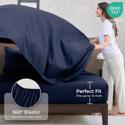 HEVUMYI Navy Blue Queen Comforter Set - 7-Piece All Season Bed in a Bag Queen, Ultra Soft Bedding Set with Comforter, Flat Sheet, Fitted Sheet, Pillowcases, Pillow Shams, Navy Blue