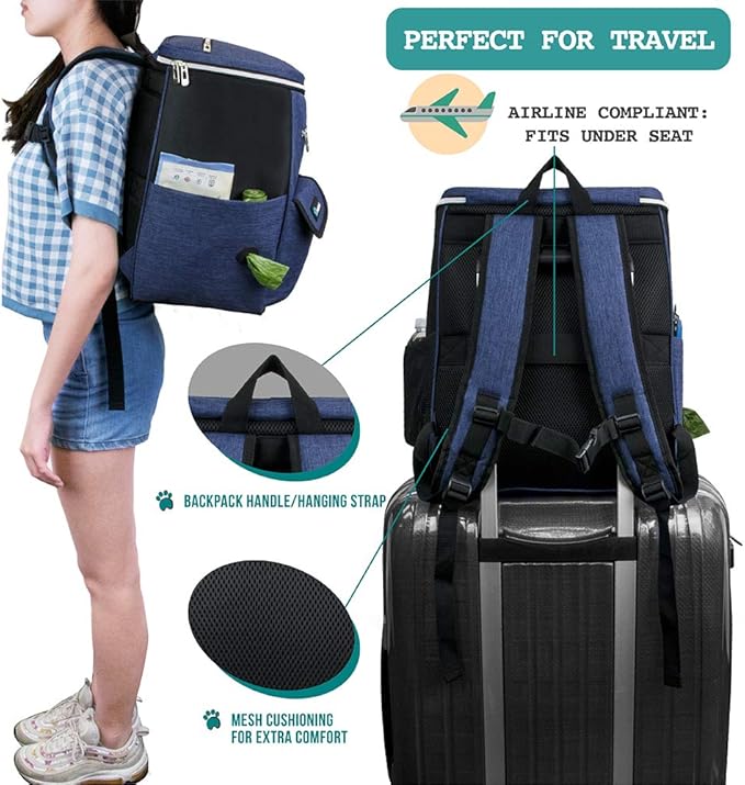 PetAmi Dog Travel Bag Backpack, Airline Approved Dog Bags for Traveling, Puppy Diaper Bag Supplies, Pet Camping Essentials Hiking Accessories Dog Mom Gift, Food Container, Collapsible Bowls, Navy Blue-Mewly Pet
