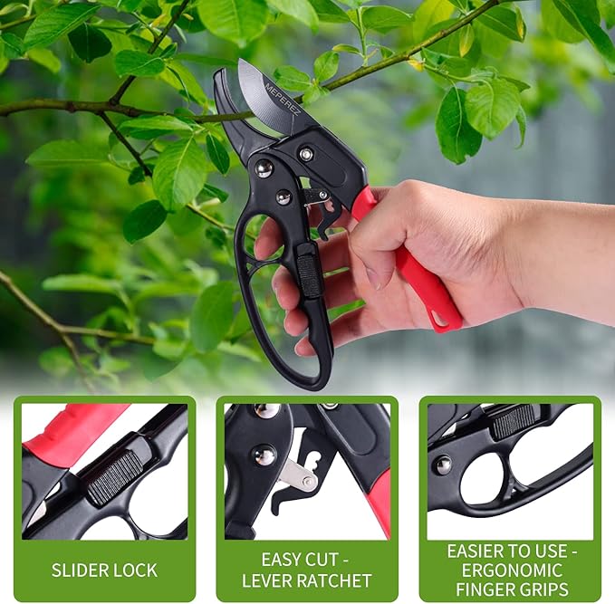 Ultra Sharp Germany Steel Pruning Shears - Cuts 3X Easier, Weak Hand Arthritis Snips, Rust-Resistant, Effortlessly 1-Inch Cut Capacity Garden Scissors, Ergonomic Handle (Reddish balck)-Mewly Pet