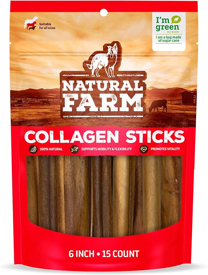 Natural Farm Collagen Sticks (6 Inch, 15 Pack). Odor-Free, 95% Natural Collagen Dog Chews, Supports Healthy Joints, Skin & Coat - Best Rawhide Alternative for Small & Medium Dogs-Mewly Pet