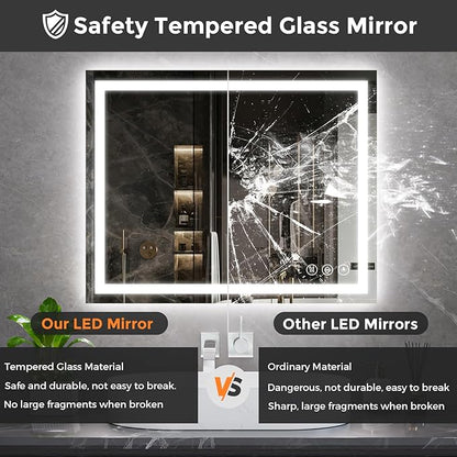 Koonmi 32x40 LED Bathroom Mirror, Backlit + Front Lit, LED Bathroom Mirror with Lights for Wall, 3 Colors, Anti-Fog, Dimmable Brightness, Memory Function, Tempered Glass