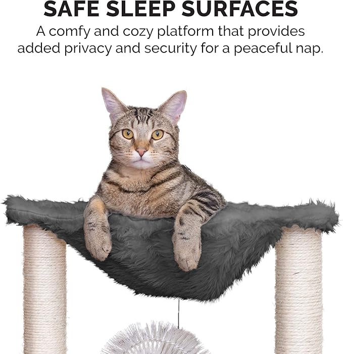 Furhaven 15.75" Tall Playground for Indoor Cats, Ft. Sisal Scratching Posts, Self-Grooming Brush, & Toy - Tiger Tough Hammock Interactive Playground - Silver, One Size-Mewly Pet