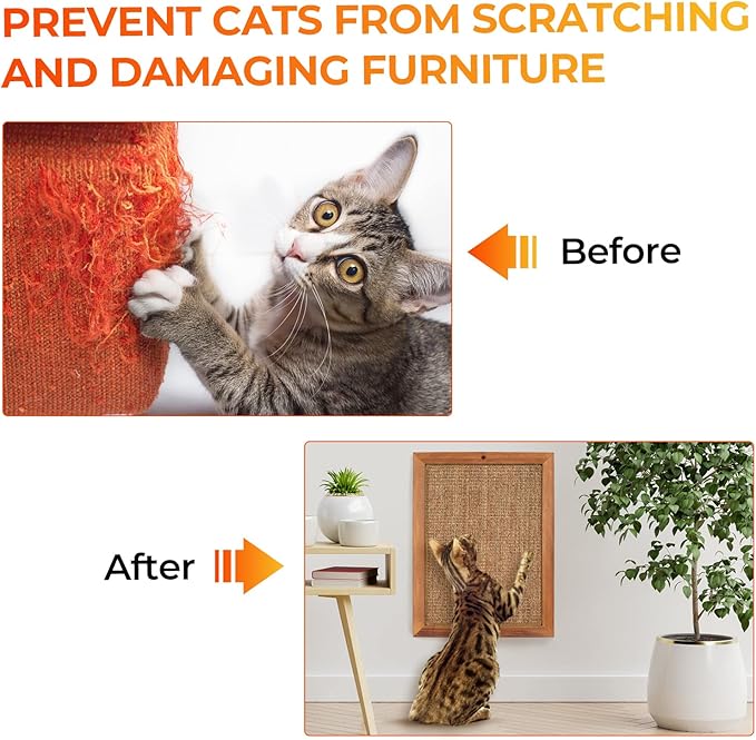 Cat Scratching Post - BXL, Natural Wooden Sisal Cat Wall Scratcher, Floor or Wall Mounted Vertical Cat Scratch Pad for Indoor Cats Adults or Kittens, Cat Wall Furniture Protector-Mewly Pet