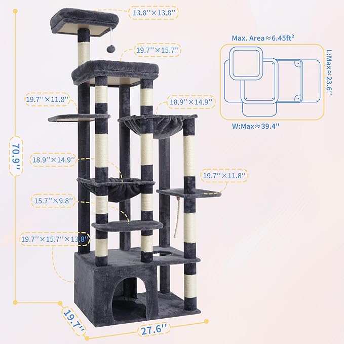 Heybly Heavy Duty Cat Tree, 71-Inch Tall Tower for Large Maine Coon with Extra-Large Baseboard, Cat Condo Furniture with Multi-Level Platforms, 2 Hammocks and 12 Scratching Posts, Smoky Gray HCT037G-Mewly Pet