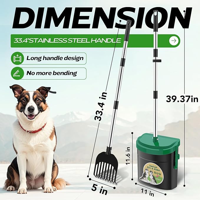 UPSKY Dog Pooper Scooper Swivel Bin & Rake Kit with 100 Waste Bags,33.4" Stainless Steel Long Handle Heavy Duty Pet Poop Shovel for Large Medium Small Dogs, Odor-Proof Lid for Yard/Lawn/Outdoor Use-Mewly Pet