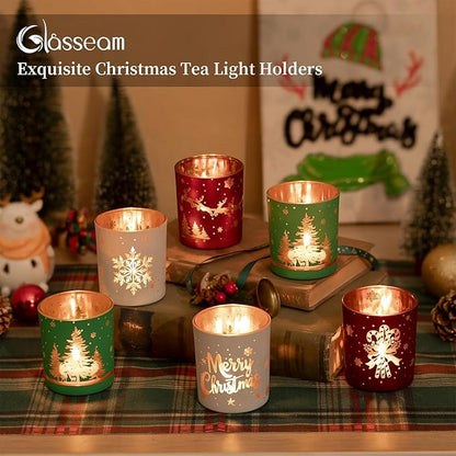 Glasseam Christmas Votive Candle Holders: Glass Tealight Candle Holder Set of 6 Tea Candle Holder for Jar Candles Red Green White Candle Holders for Table Centerpiece Home Xmas Party Decorations Gifts