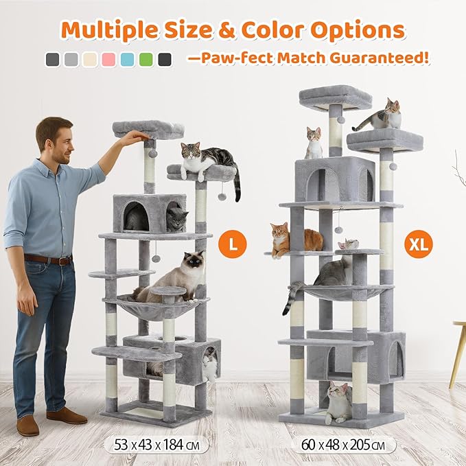 PAWZ Road Heavy Duty Cat Tree for Large Cats, 81 Inches Tall Cat Tower with 2 Perches, 2 Condos and Spacious Hammock, XL Extra Large Condo with 7 Scratching Posts for 20lb+ Adult Cats,Gray-Mewly Pet