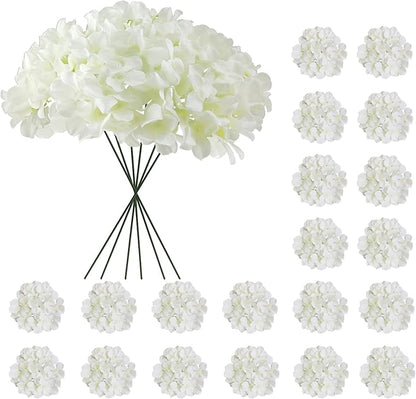 20 Pcs White Hydrangea Artificial Flowers Bulk, Faux Hydrangea Flowers Heads, Artificial Fake Silk Hydrangea Flowers with Stems, White Flowers Artificial for Decoration Wedding Décor