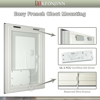 Keonjinn LED Bathroom Mirror 72" x 36" with Backlit and Frontlit, Tempered Glass Stepless 3 Colors Temperature & Dimmable Large Vanity Mirror, UL Listed LED Driver, Double Lights Anti-Fog Wall Mirror