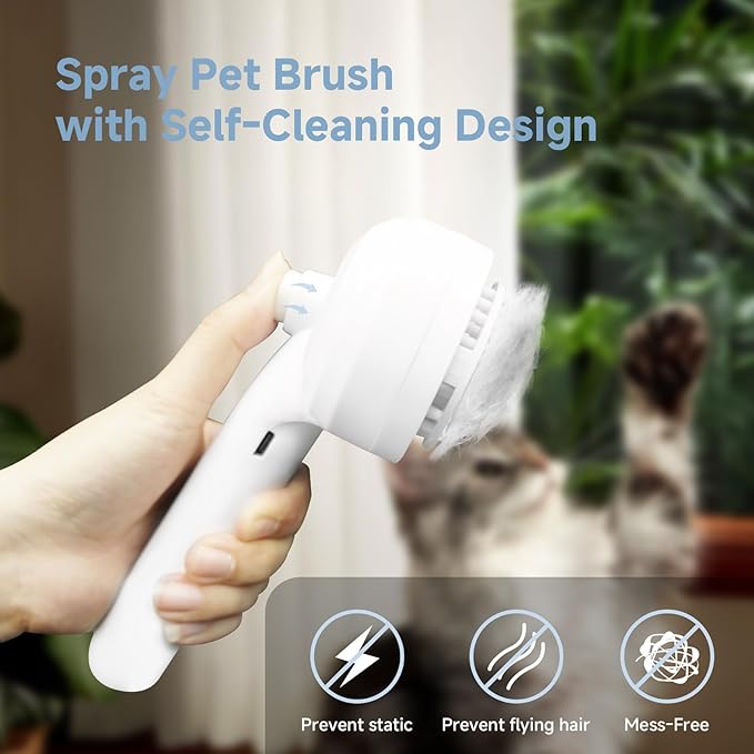 REIKIYA Cat Steam Brush,4-in-1 Spray Hair Removal Dog Brush for Shedding & Grooming with UV Light, Anti-Static Pet Spray Comb with One-Click Release Button-Mewly Pet