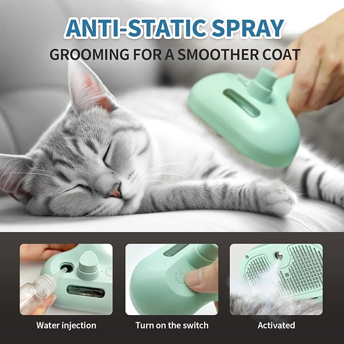 Steam Pet Brush for Shedding, 3 In 1 Self Cleaning Anti-Static Steamy Hair Brush, Reduces Loose Hair and Shedding for Long and Short Hair Pets Grooming, Green-Mewly Pet