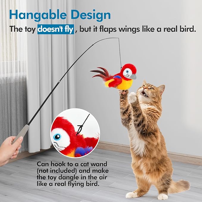 Vannon Cat Toys Flapping Bird(Cannot Fly), Rechargeable Touch Activated Kitten Toy Interactive Cat Exercise Toys with Catnip and Feather for Indoor Cat - Red-Mewly Pet