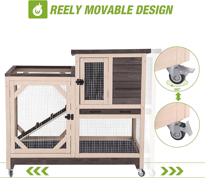 GUTINNEEN 2-Story Rabbit Hutch with Chew-Proof Ramp & Pull-Out Trays - Indoor/Outdoor 39.3" Wooden Rabbit Cage on Wheels for Rabbits, Guinea Pigs (Dark Brown)-Mewly Pet