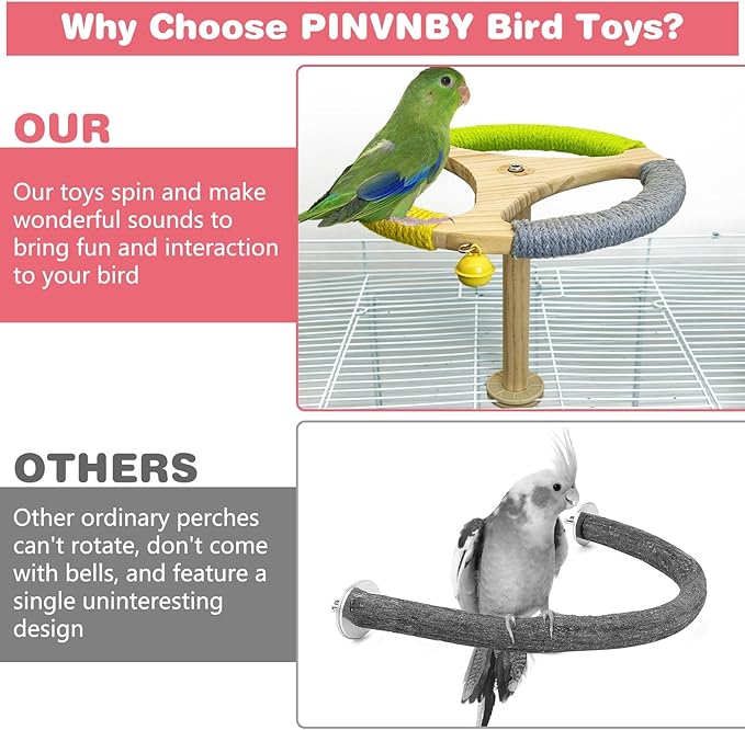 PINVNBY Hanging Bird Stand Perch Toy Wooden Spinning Parrot Perch with Cotton Rope and Bell Interactive Cockatiel Toy Bird Cage Accessories for Parakeets Conures Budgies Finches Lovebirds-Mewly Pet