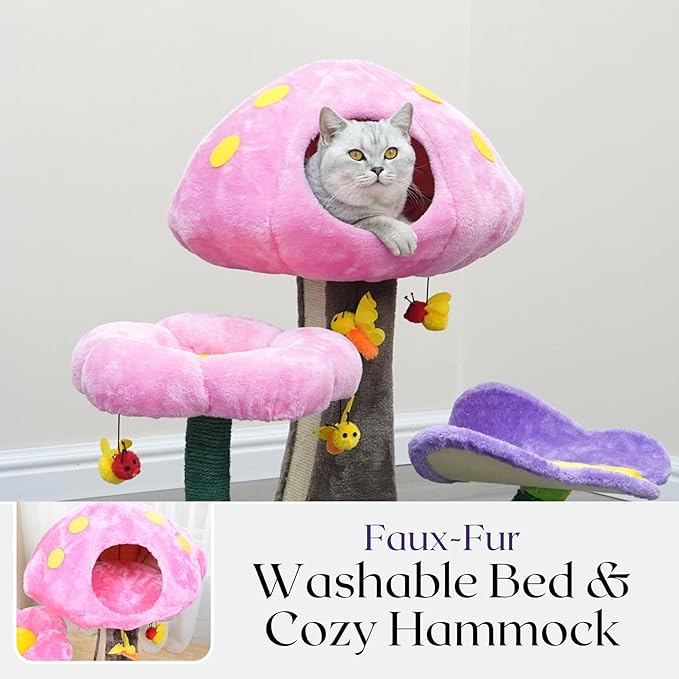 Catry® Wonderland 3-Level 31" Cat Tree with Mushroom Condo, Flower Perch, Sisal Scratching Pad, Parts Replaceable, Garden Style with Bee Toys. Multi- Color-Mewly Pet