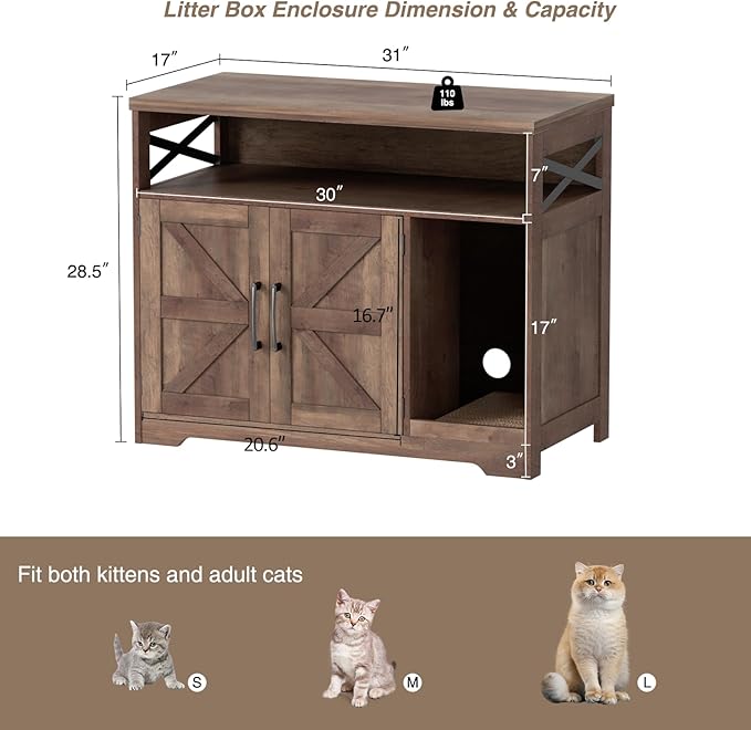 Cat Litter Box Enclosure, Hidden Litter Box Furniture with Scratch Pad, Farmhouse Indoor Cat House Washroom End Table, Retro Brown-Mewly Pet