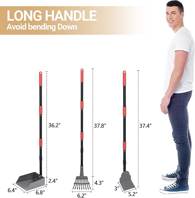 Heeyoo Dog Pooper Scooper, Dog Poop Tray and Rake Set, Pet Waste Removal Scoop with Long Adjustable Sectional Stainless Handles-Mewly Pet