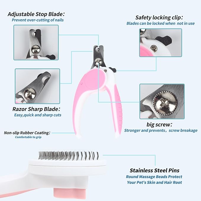 2PCS Pet Grooming Kit, Cat Brushes & Cat Nail Clipper, Cat Grooming Brush for Sedding and Grooming Fur (Pink）-Mewly Pet