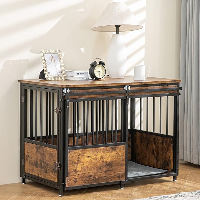 KOOPRO 40 Inch Dog Crate Furniture with Cushion for Large Medium Dogs, Wooden Heavy Duty Dog Kennel with Double Doors, Decorative Pet House Dog Cage Side End Table Indoor, Sliding Door Chew-Resistant-Mewly Pet