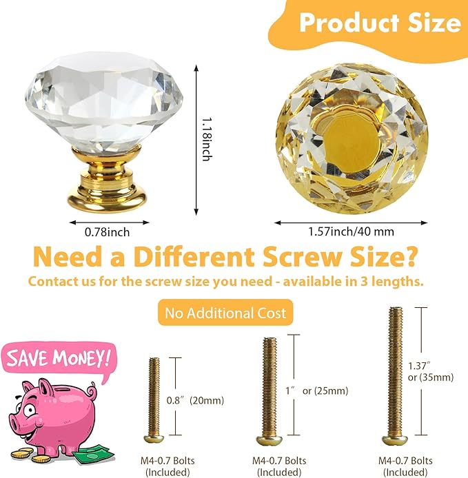 DEELF 24 Packs Kitchen Cabinet Knobs, 40 mm Crystal Cabinet Knobs, Diamond Dresser Handle Drawer Pulls, Dresser Knobs for Cabinets and Drawers, Gold Base