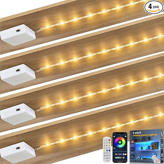 Battery Powered LED Strip Lights 20 inch x 4 Pack, Wireless LED Strip Lights for Bedroom Color Changing APP Remote, Led Lights for TV, Kitchen Under Cabinet Lighting, Shelves, Under Counter, Closet