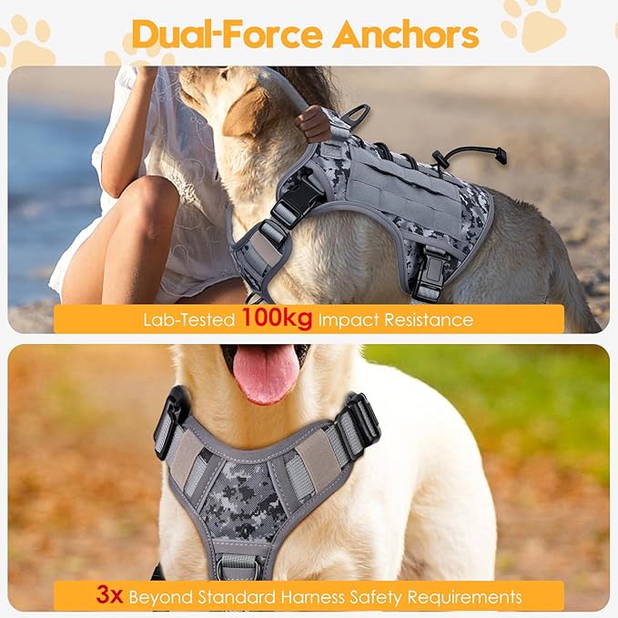 Heavy-Duty Tactical Dog Harness for Large Dogs, No Pull Adjustable Reflective Pet Vest with Molle System, K9 Military-Grade Control for Service Training, Outdoor & 10+ Breeds, Gray Camo, Large-Mewly Pet