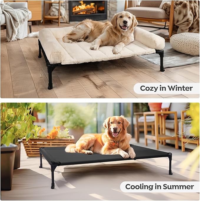 Veehoo Cooling Elevated Dog Bed with Fluffy Plush Bolster Cushion, Indoor Raised Dog Beds for Large Dogs, Soft Pet Sofa Cot with Removable Washable Mat, No-Slip Feet, 32 x 25 inches, Cream White-Mewly Pet