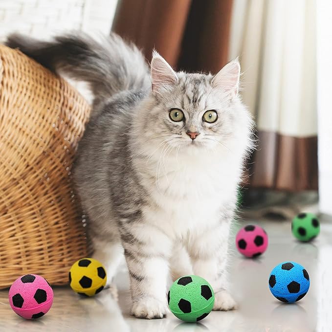 Skylety 32 Pieces Cat Soccer Balls Foam Sponge Football Cat Interactive Cats Soccer Toy Sports Ball for Kitten Pet-Mewly Pet