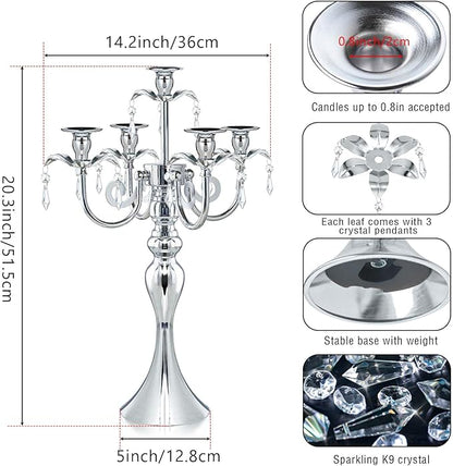 2 Pcs 20.3'' Tall 5 Arm Silver Candelabra Centerpiece for Table, Metal Crdystal Candle Holder, Retro Candlestick Table Centerpieces for Party, Events, Home, Wedding Decor (2, Silver)