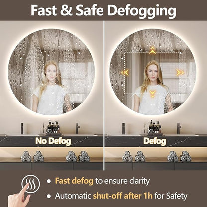 Niccy Round Led Mirror for Bathroom, 44" Circle Frameless Backlit Mirror wiht Light, Anti-Fog, 3 Colors, Waterproof, Memory Function