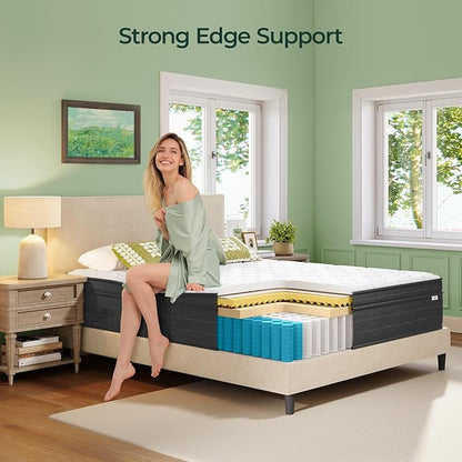 koorlian 12 Inch Full Size Mattress in a Box for Back Pain, Medium Firm Feel Fiberglass Free Hybrid Mattress with Individual Pocket Springs and Pressure-Relieving Memory Foam, 120-Night Trial