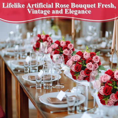 Zeyune 8 Pack 12 Inch Wedding Bouquets for Bride Bridesmaid Red and Pink Artificial Rose Bouquet Fake Silk Roses Flowers Bunches Bulk for Home Office Garden Parties Decoration