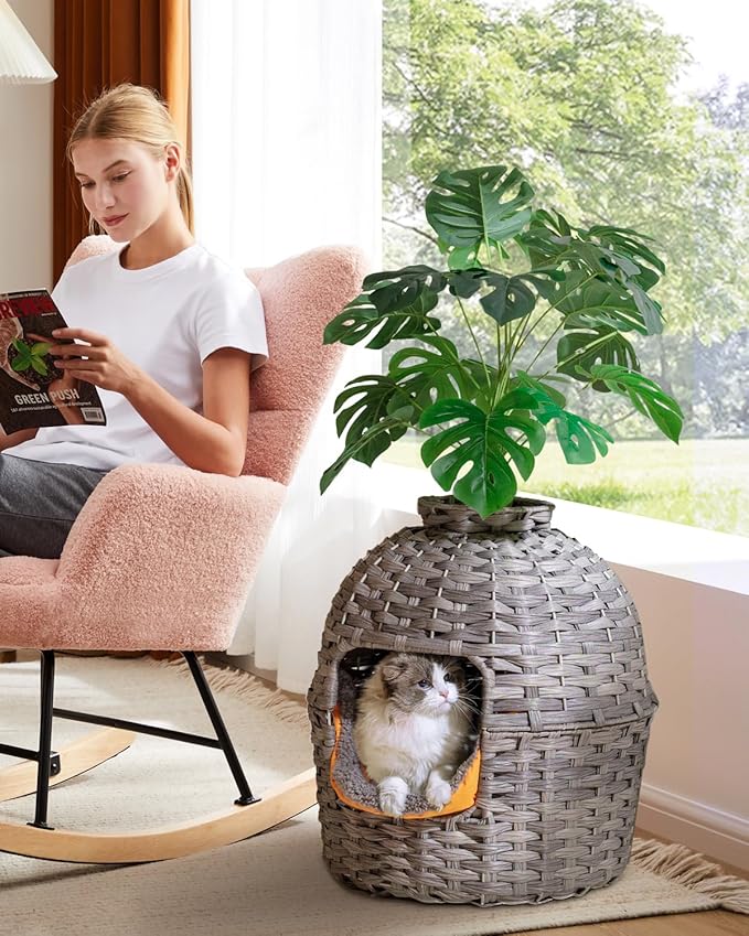 Cat Litter Box Plant Enclosure, Hidden Handwoven Rattan with Cat Litter Box Furniture and Artificial Plants, Odor Control Filter, Real Stones in Living Room, Bedroom, Corner (Gray)-Mewly Pet