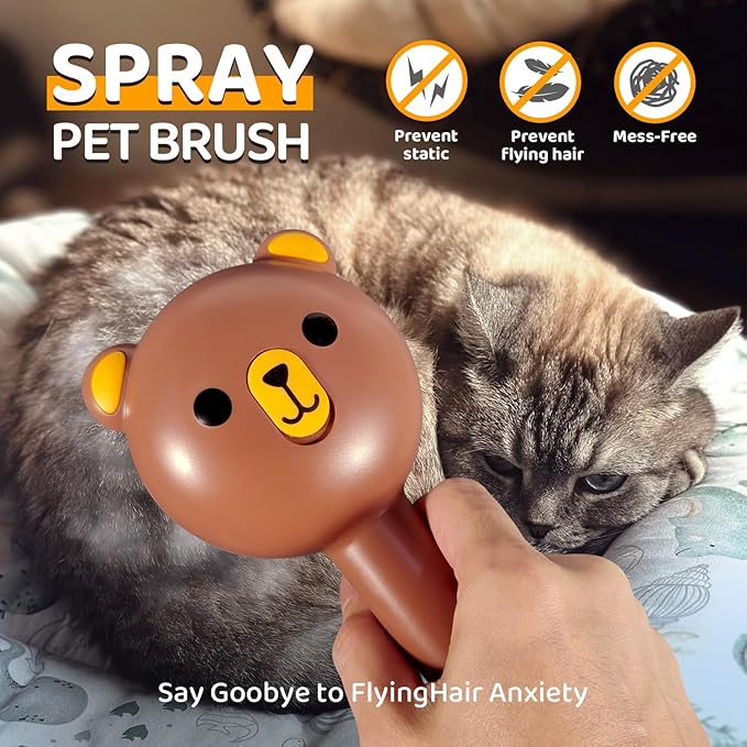 Cat Steam Brush, Self Cleaning Pet Spray Hair Removal Comb with Release Button, 3 In 1 Cat Brush for Indoor Cats, Waterproof Pet Grooming Brushes for Long Short Haired Dogs Cats（Brown）-Mewly Pet