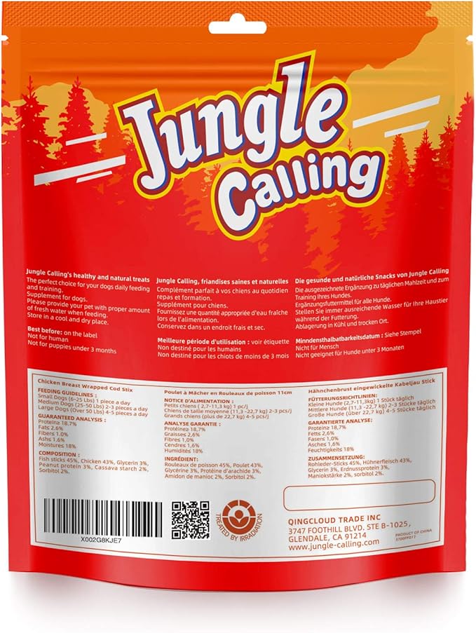 Jungle Calling Rawhide Free Treats for Dogs, Chicken Wrapped Cod Sticks Dog Treats, Soft Chewy Snacks for Training Rewards, 10.6 oz (Chicken)-Mewly Pet