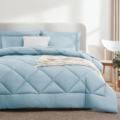 CozyLux Queen Comforter Set Light Blue - Bed in a Bag Queen Size 7 Pieces, Luxury Soft Bed Set for All Seasons, Bedding Set with Down Alternative Comforter, Sheets, Pillowcases & Shams