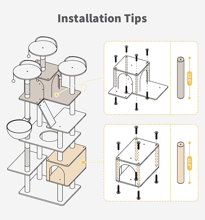 Made4Pets Tall Cat Tree, 80" Cat Tree Tower for Indoor Cats Large Adult, Modern Cat Tower with Scratching Post, Cozy Hammock, 3 Perches and 2 Condos, Sturdy and Fluffy, Light Gray-Mewly Pet
