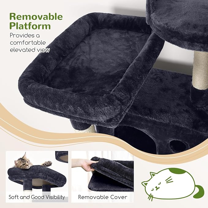 Globlazer Cat Tree, 70 inch Tall Scratching Tower Multi-Level Cat Condo for Indoor Multiple Cats with 2 Large Cat Caves, Top Perch, Large Platform, Bottom Swing, F70B, Dark Grey-Mewly Pet