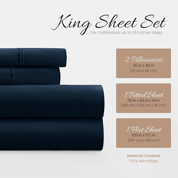 Linen Market Brushed Microfiber King Sheet Set 4 Piece – Oeko-TEX Certified Ultra Soft & Wrinkle-Free - 16" Deep Pocket Sheets - Easy Care King Size - Navy