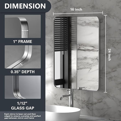 PAIHOME 16x24-Inch Brushed Nickel Bathroom-Vanity-Mirror for Wall - 304 Stainless Steel Silver Frame Bathroom Mirrors, Rectangle Farmhouse Mirror, Vertical Or Horizontal Hanging Modern Mirror