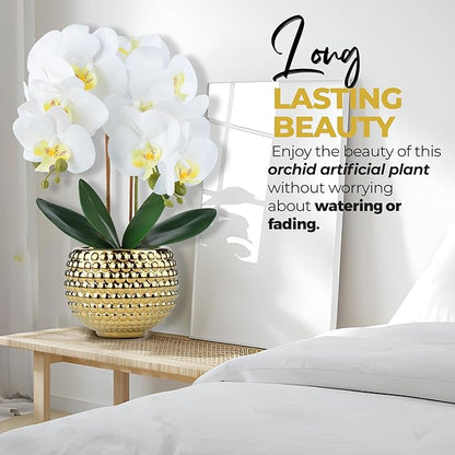 Large Orchids Artificial Flowers, 17'' White Faux Orchids with Gold Pot for Living Room Decor, White Faux Orchid Plant for Bathroom Kitchen Home Indoor Hotel Decor (Large Gold)