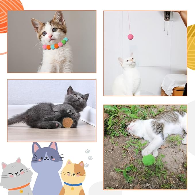 20Pcs 1.6" Cat Toy Balls, Soft Kitten Pom Pom Toys, Plush Interactive Playing Quiet Ball Cats Favorite Toy, DIY Craft Decorations, Training and Sensory Enrichment-Mewly Pet