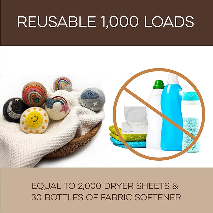 Fluff Ewes Wool Dryer Balls 6 Pack Premium New Zealand Wool Laundry Balls for Dryer, No Static Dryer Balls Laundry Reusable, XL Wool Dryer Balls Cute, Baby Dryer Balls for Dryers - Rainbow or Shine-Mewly Pet