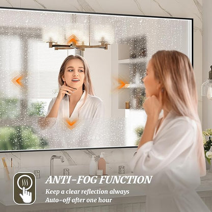 48x28 Inch LED Bathroom Mirror, Black Metal Framed Lighted Mirror for Bathroom, Wall Mouted LED Vanity Mirror with Lights, 3 Colors and Stepless Dimmable, Anti-Fog, Memory