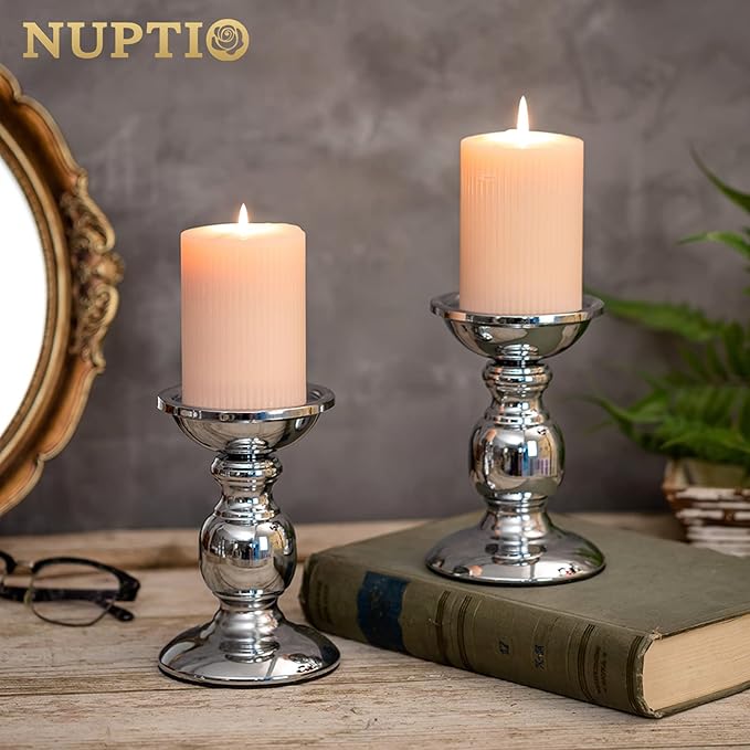 Nuptio Silver Pillar Candle Holders, Wedding Centerpieces Metal Candle Holder for 3inches Candles Stand Decoration Ideal for Weddings Special Events Parties Living Room, 2 Pcs