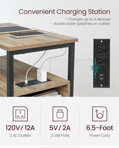 VASAGLE Side End Table with Charging Station, Slim Nightstand with 2 Drawers, Narrow Bedside Table for Living Room, Small Spaces, Turquoise Brown and Ink Black ULET321B60